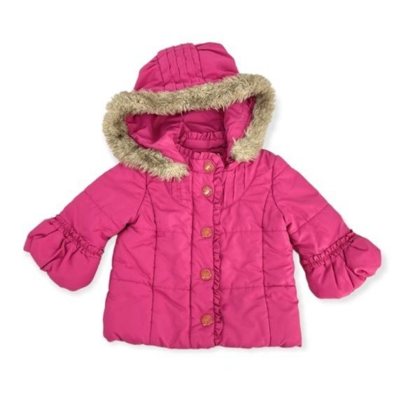 Juicy Couture Ruffle Bell Sleeve Puffer Jacket w/ Fur Hood - PinkGirls 12M